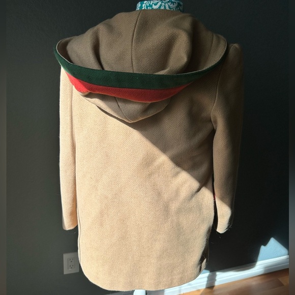Tan Toggle Coat with Green and Red Accents Peacoat - Picture 8 of 8